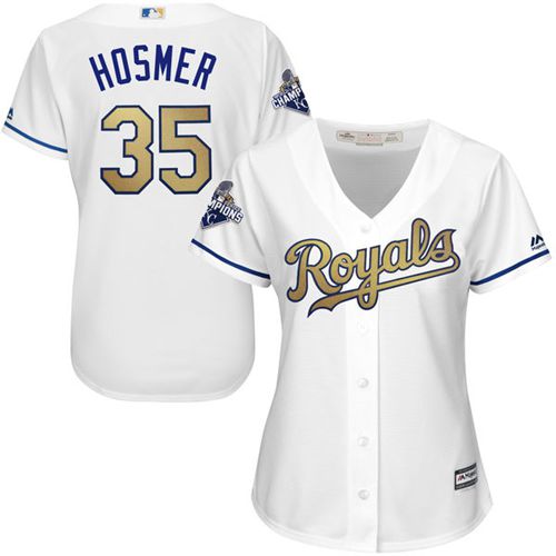 Royals #35 Eric Hosmer White 2015 World Series Champions Gold Program Cool Base Women's Stitched MLB Jersey