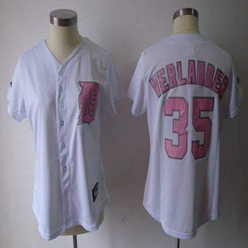 Tigers #35 Justin Verlander White Pink Number Women's Fashion Stitched MLB Jersey