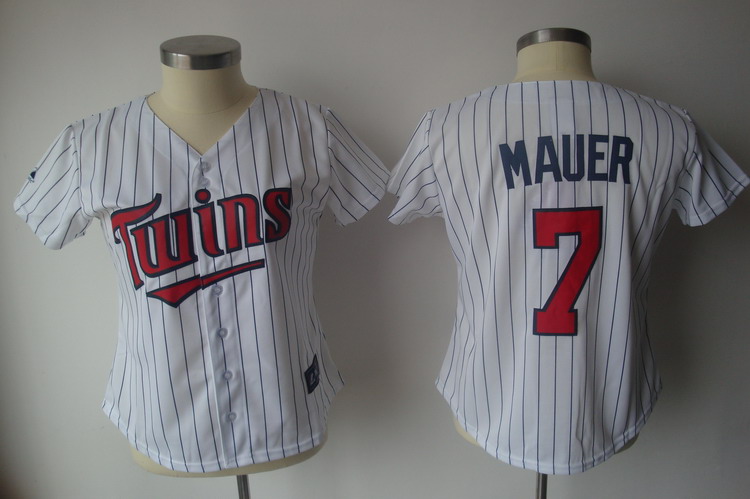 Twins #7 Joe Mauer White With Blue Strip Lady Fashion Stitched MLB Jersey