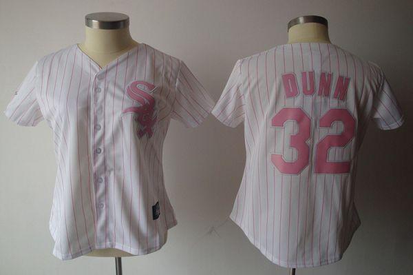 White Sox #32 Adam Dunn White Pink Strip Women's Fashion Stitched MLB Jersey