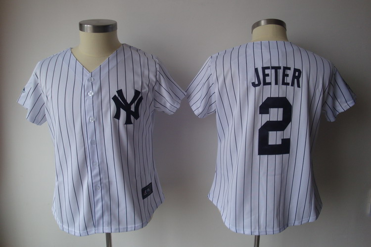Yankees #2 Derek Jeter White With Black Strip Women's Fashion Stitched MLB Jersey