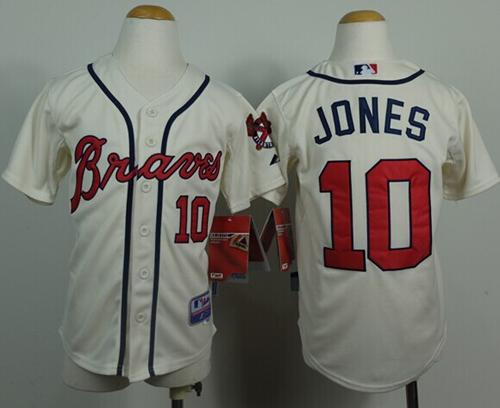 Braves #10 Chipper Jones Cream Cool Base Stitched Youth MLB Jersey