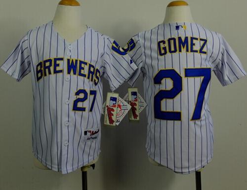 Brewers #27 Carlos Gomez White(Blue Stripe) Cool Base Stitched Youth MLB Jersey