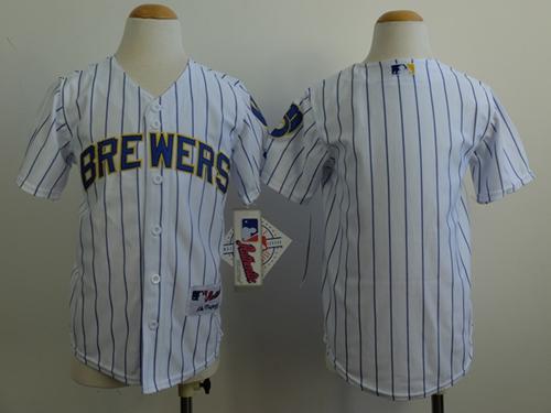 Brewers Blank White(Blue Stripe) Cool Base Stitched Youth MLB Jersey