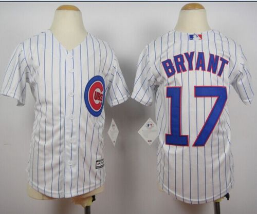 Cubs #17 Kris Bryant White(Blue Strip) Cool Base Stitched Youth MLB Jersey