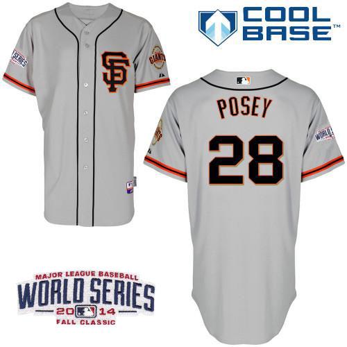 Giants #28 Buster Posey Grey Road 2 Cool Base W/2014 World Series Patch Stitched Youth MLB Jersey