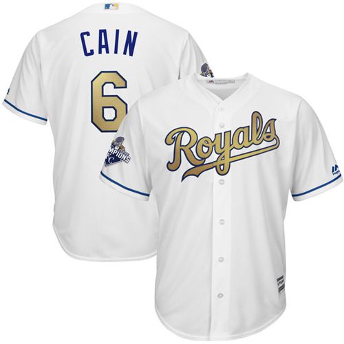 Royals #6 Lorenzo Cain White 2015 World Series Champions Gold Program Cool Base Stitched Youth MLB Jersey