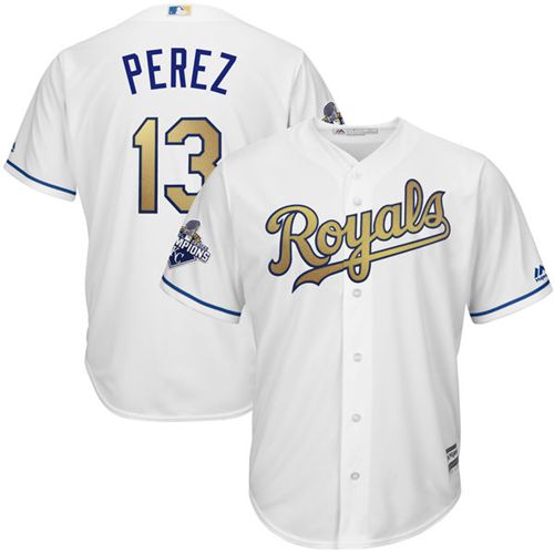 Royals #13 Salvador Perez White 2015 World Series Champions Gold Program Cool Base Stitched Youth MLB Jersey