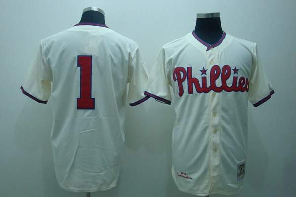 Mitchell and Ness Phillies #1 Richie Ashburn Stitched Cream Throwback MLB Jersey
