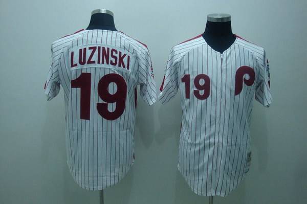 Mitchell and Ness Phillies #19 Greg Luzinski Stitched White Red Strip Throwback MLB Jersey
