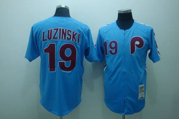 Mitchell and Ness Phillies #19 Greg Luzinski Stitched Blue Throwback MLB Jersey
