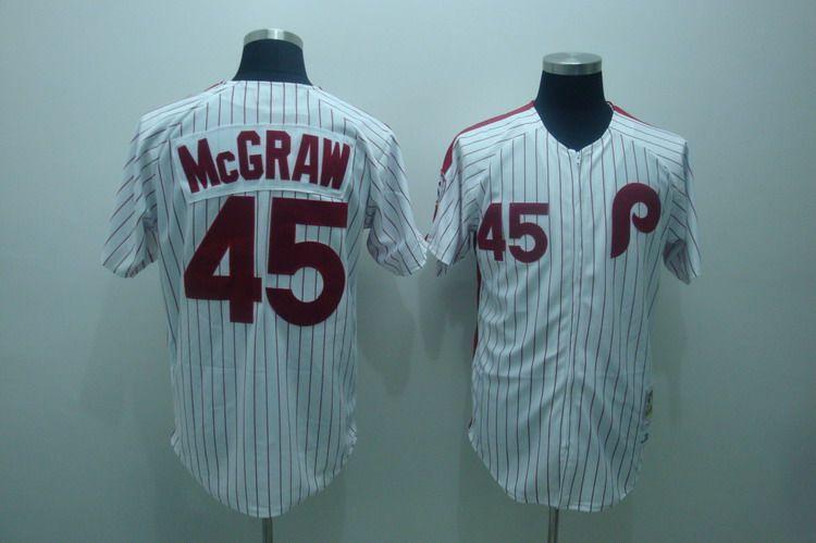 Mitchell and Ness Phillies #45 Tug Mcgraw White Red Strip Stitched Throwback MLB Jersey