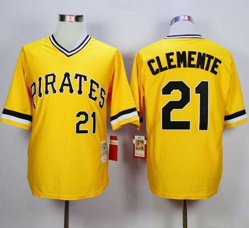 Mitchell and Ness 1971 Pirates #21 Roberto Clemente Yellow Throwback Stitched MLB Jersey