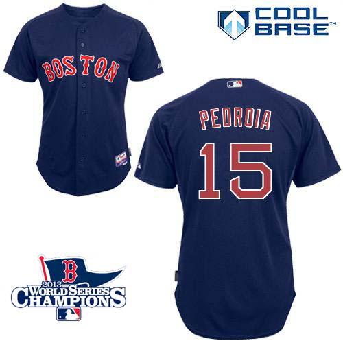 Red Sox #15 Dustin Pedroia Dark Blue Cool Base 2013 World Series Champions Patch Stitched MLB Jersey
