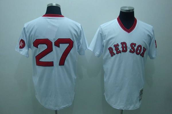 Mitchell and Ness Red Sox #27 Carlton Fisk Stitched White Throwback MLB Jersey