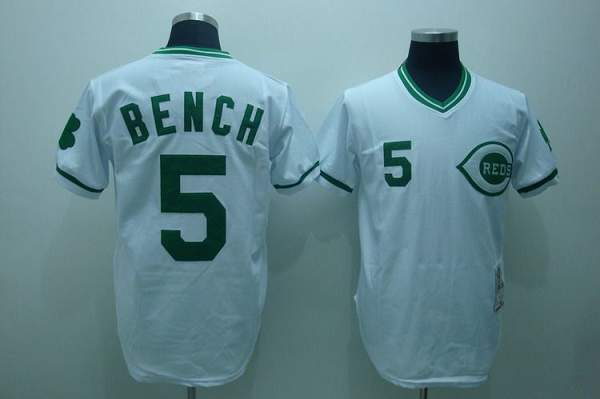 Mitchell and Ness Reds #5 Johnny Bench Stitched White Green Patch Throwback MLB Jersey