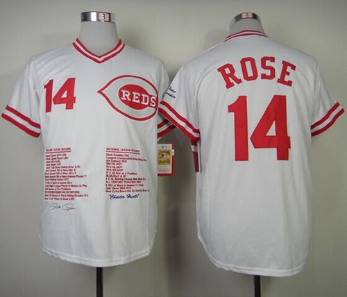 Mitchell And Ness Reds #14 Pete Rose White Commemorative Edition Stitched MLB Jersey