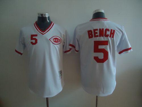 Mitchell and Ness Reds #5 Johnny Bench Stitched White Throwback MLB Jersey