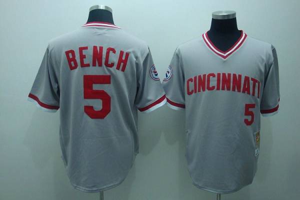 Mitchell and Ness Reds #5 Johnny Bench Stitched Grey Throwback MLB Jersey