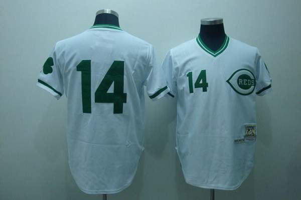 Mitchell and Ness Reds #14 Pete Rose Stitched White Green Patch Throwback MLB Jersey