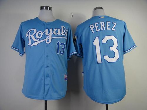 Royals #13 Salvador Perez Light Blue Cool Base Stitched MLB Jersey