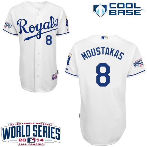 Royals #8 Mike Moustakas White Cool Base W/2014 World Series Patch Stitched MLB Jersey