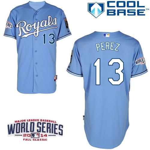 Royals #13 Salvador Perez Light Blue Cool Base W/2014 World Series Patch Stitched MLB Jersey