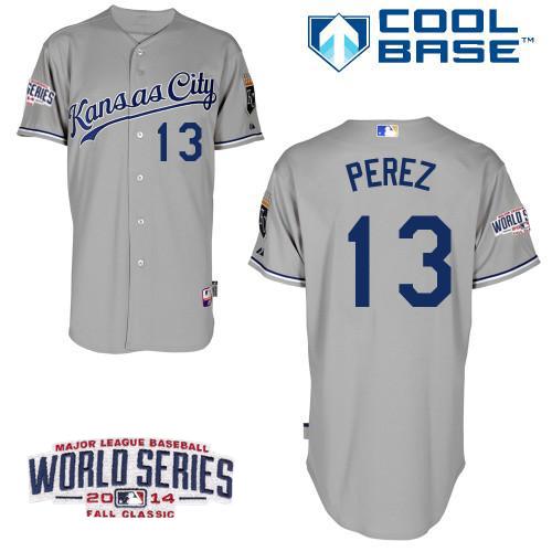 Royals #13 Salvador Perez Grey Cool Base W/2014 World Series Patch Stitched MLB Jersey
