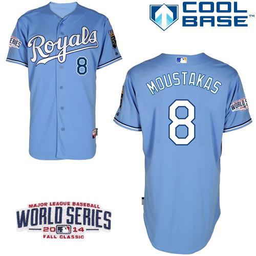 Royals #8 Mike Moustakas Light Blue Alternate 1 Cool Base W/2014 World Series Patch Stitched MLB Jersey