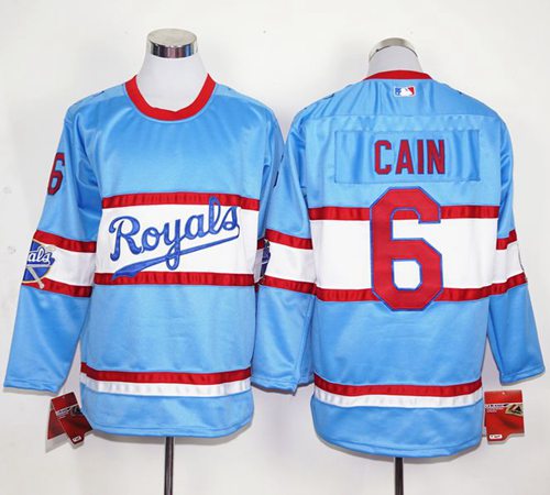 Royals #6 Lorenzo Cain Light Blue Long Sleeve Stitched MLB Jersey