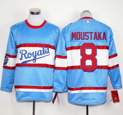 Royals #8 Mike Moustakas Light Blue Long Sleeve Stitched MLB Jersey