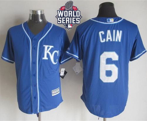 Royals #6 Lorenzo Cain Blue Alternate 2 New Cool Base W/2015 World Series Patch Stitched MLB Jersey