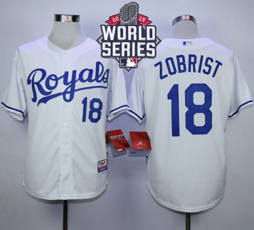 Royals #18 Ben Zobrist White Cool Base W/2015 World Series Patch Stitched MLB Jersey