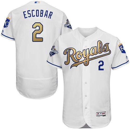 Royals #2 Alcides Escobar White 2015 World Series Champions Gold Program FlexBase Authentic Stitched MLB Jersey