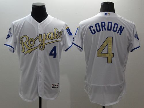 Royals #4 Alex Gordon White 2015 World Series Champions Gold Program FlexBase Authentic Stitched MLB Jersey