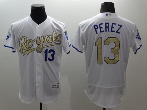 Royals #13 Salvador Perez White 2015 World Series Champions Gold Program FlexBase Authentic Stitched MLB Jersey