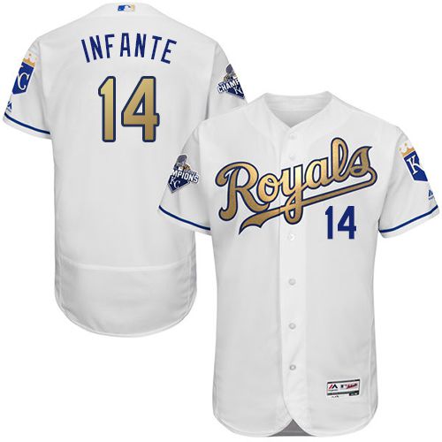 Royals #14 Omar Infante White 2015 World Series Champions Gold Program FlexBase Authentic Stitched MLB Jersey