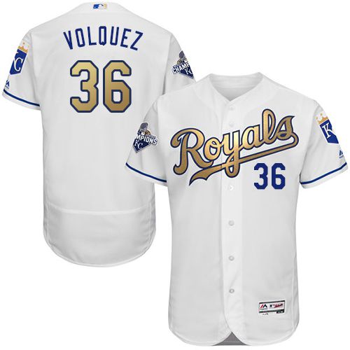 Royals #36 Edinson Volquez White 2015 World Series Champions Gold Program FlexBase Authentic Stitched MLB Jersey