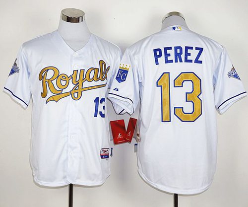 Royals #13 Salvador Perez White 2015 World Series Champions Gold Program Stitched MLB Jersey
