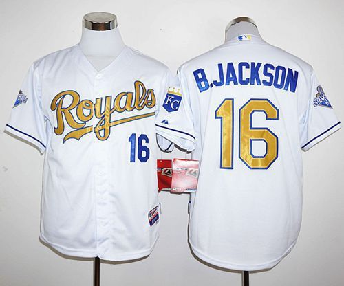 Royals #16 Bo Jackson White 2015 World Series Champions Gold Program Stitched MLB Jersey