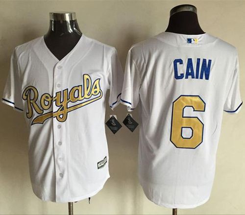 Royals #6 Lorenzo Cain White New Cool Base 2015 World Series Champions Gold Program Stitched MLB Jersey