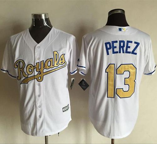 Royals #13 Salvador Perez White New Cool Base 2015 World Series Champions Gold Program Stitched MLB Jersey