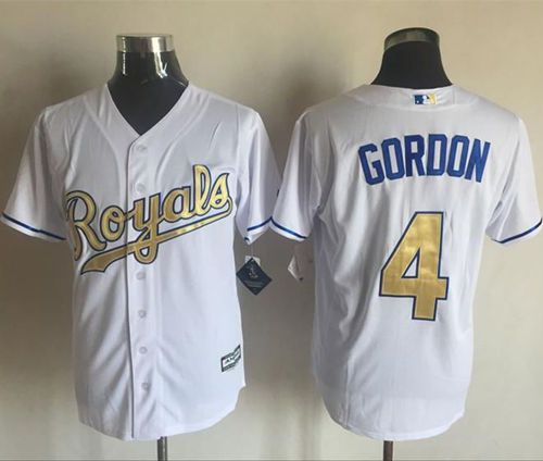 Royals #4 Alex Gordon White New Cool Base 2015 World Series Champions Gold Program Stitched MLB Jersey