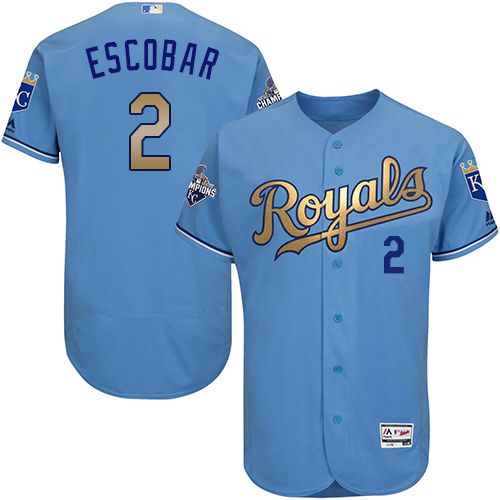 Royals #2 Alcides Escobar Light Blue FlexBase Authentic 2015 World Series Champions Gold Program Stitched MLB Jersey