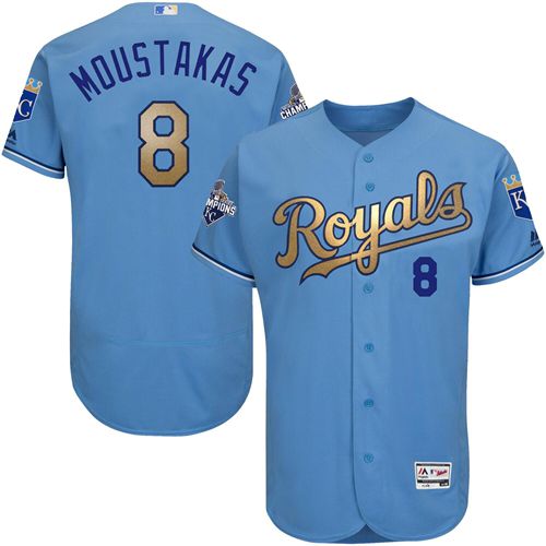 Royals #8 Mike Moustakas Light Blue FlexBase Authentic 2015 World Series Champions Gold Program Stitched MLB Jersey