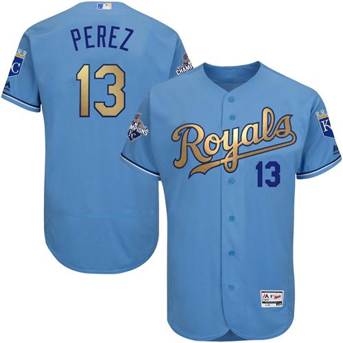 Royals #13 Salvador Perez Light Blue FlexBase Authentic 2015 World Series Champions Gold Program Stitched MLB Jersey