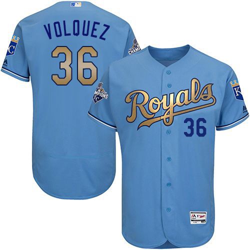 Royals #36 Edinson Volquez Light Blue FlexBase Authentic 2015 World Series Champions Gold Program Stitched MLB Jersey