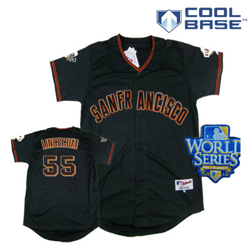 Giants #55 Tim Lincecum Black Cool Base w/2010 World Series Patch Stitched MLB Jersey