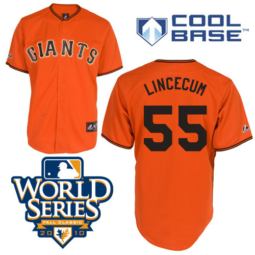Giants #55 Tim Lincecum Orange Cool Base w/2010 World Series Patch Stitched MLB Jersey