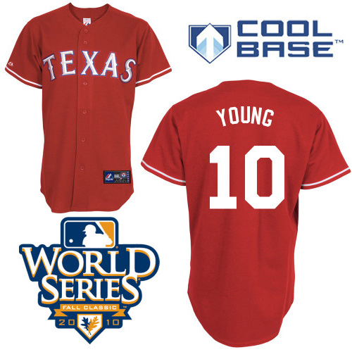 Rangers #10 Michael Young Red Cool Base w/2010 World Series Patch Stitched MLB Jersey